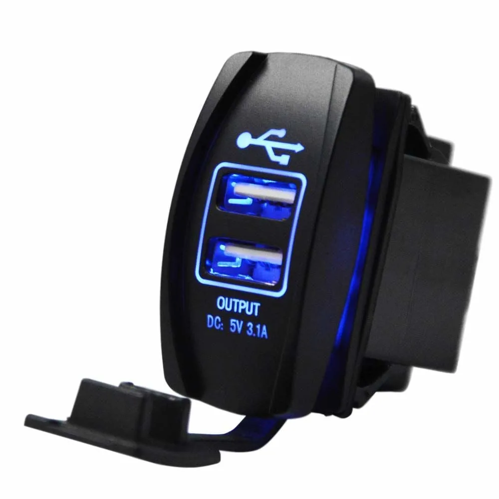 12V 24V DC USB 3,1A Şarj Port Dikdörtgen Mavi Işık MT-UM03