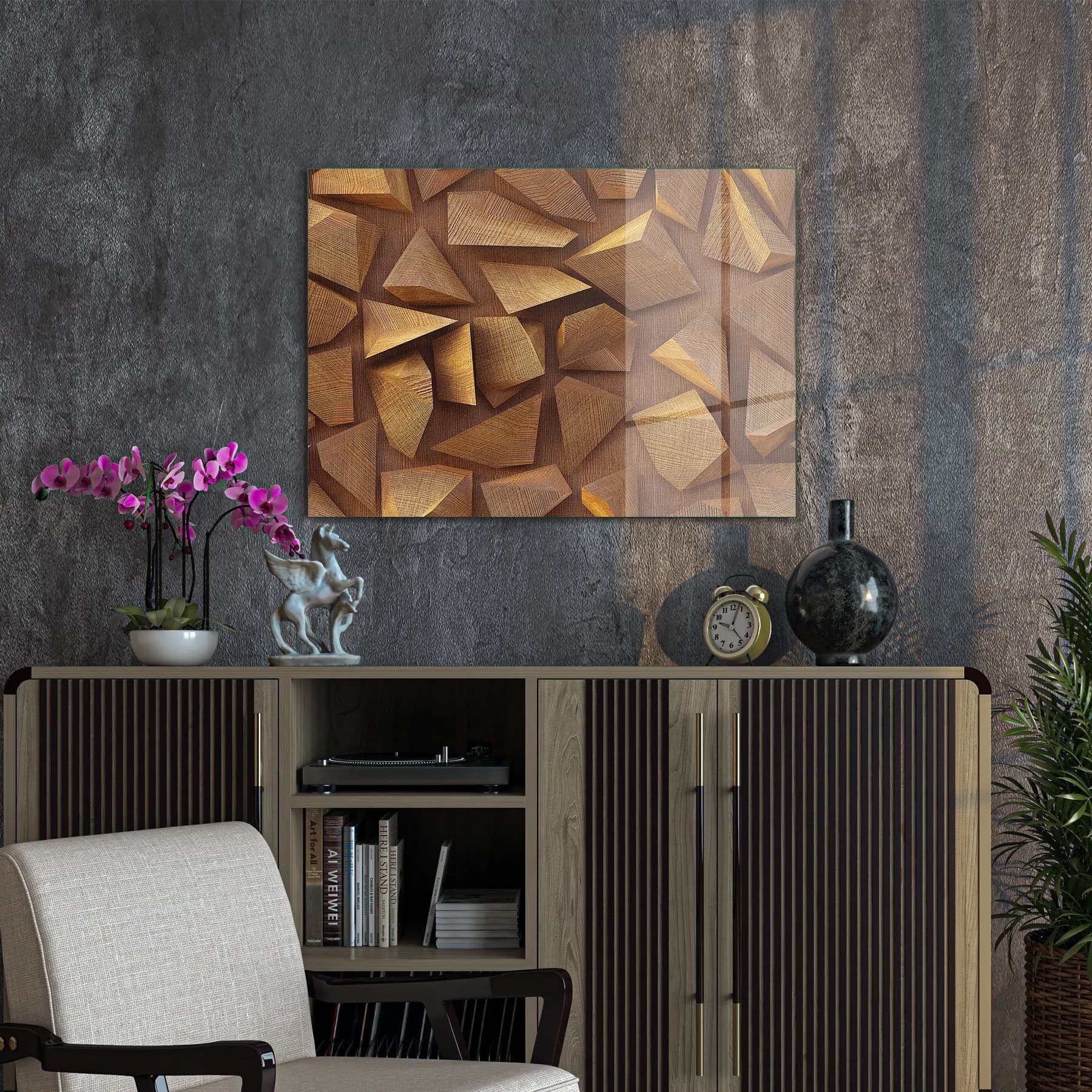 Decovetro Cam Tablo Geometrik Ahşap Ağaç Desenli 50x70 cm