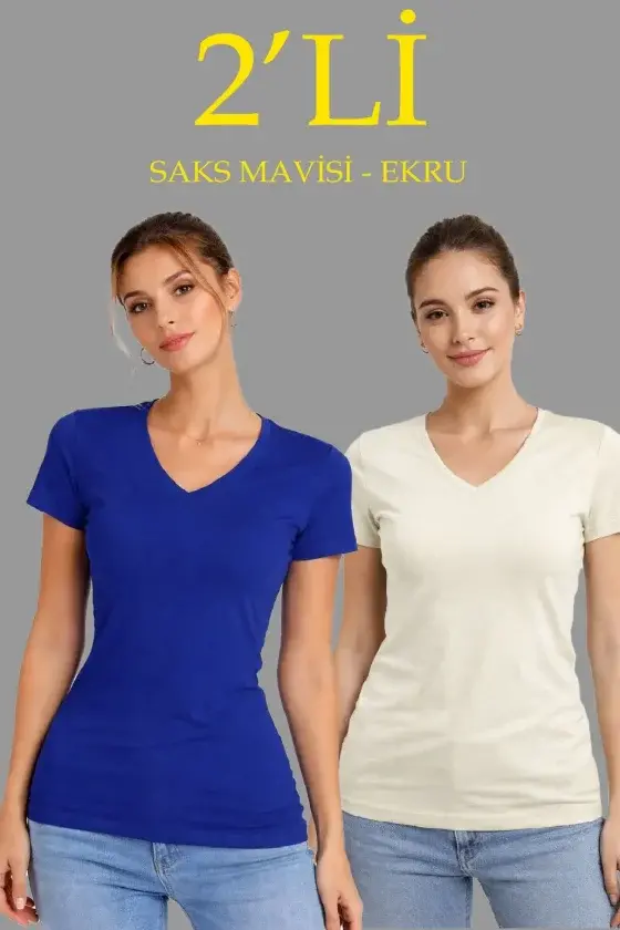 2'li V Yaka Tişört – Kısa Kollu Yazlık Slim Fit Body - Saks Mavisi - Ekru