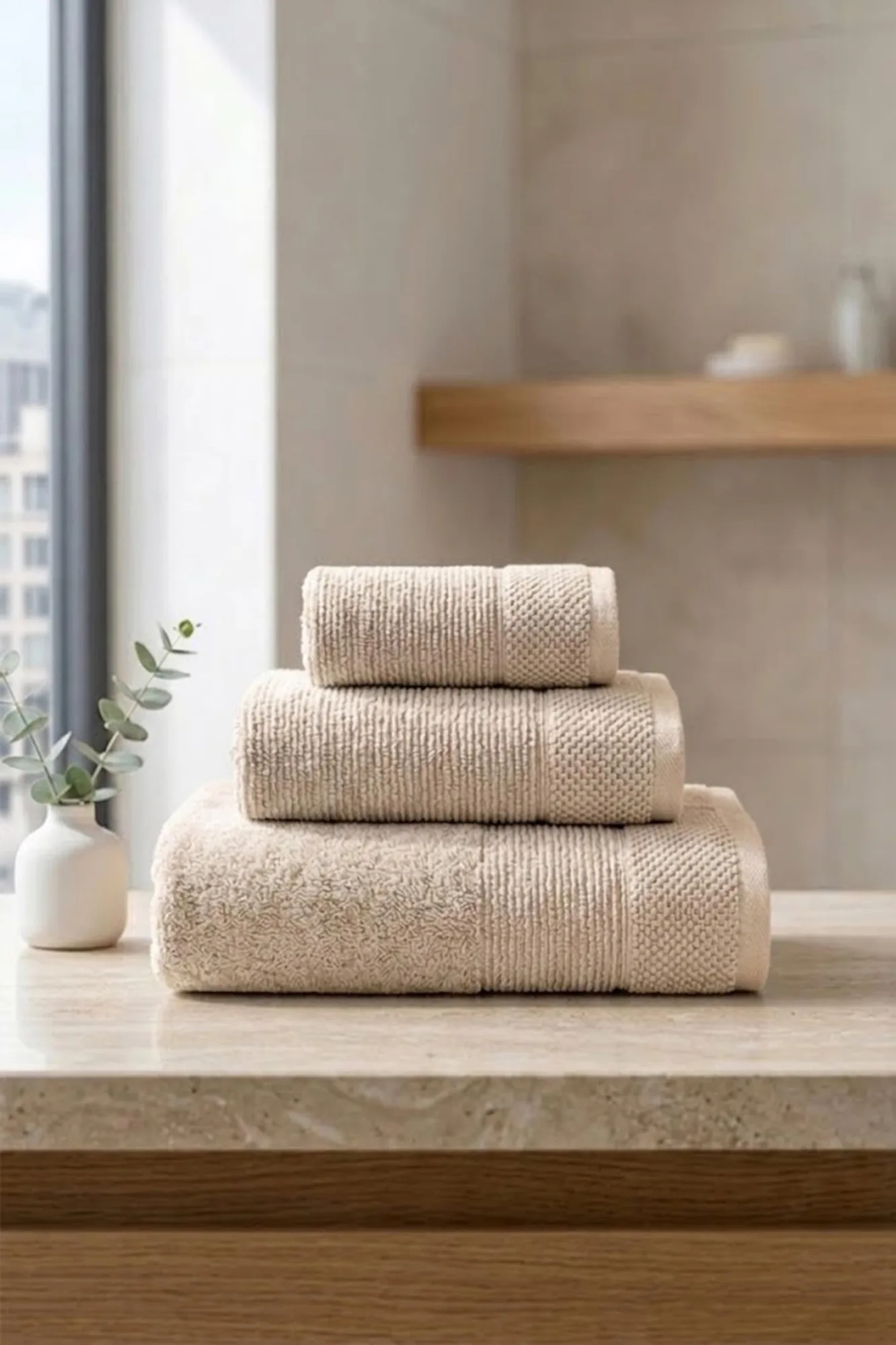 Be-0829St-Bg %100 Pamuk Bej 3 Lü Set, 30X50 Cm, 50X90 Cm, 70X140 Cm Havlu Seti - BEJ